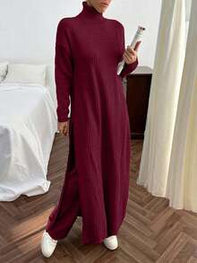 EURMUSE Women Solid Color Rib Knit Turtleneck Slit Detailed Long Sweater Dress & Sweater Pants Set - Burgundy - View 3