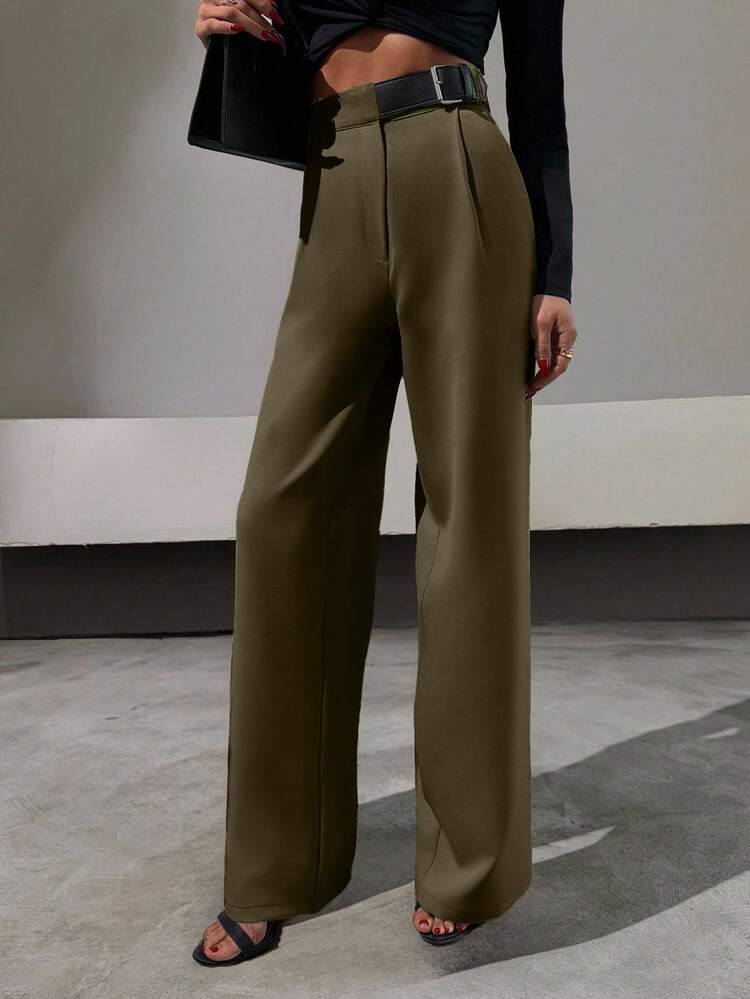 Elegant Style, Half Faux Leather Belt Detailed Straight Fit Pant - Army Green - View 5