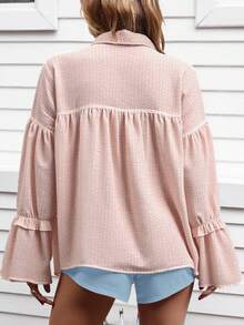 EURMUSE Geo Print Frill Trim Flare Sleeve Blouse - Baby Pink - View 2