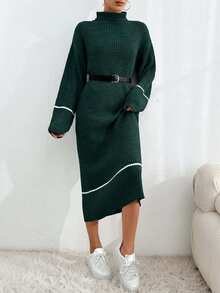 SHEIN Cottnline Turtleneck Ribbed Colorblock Casual Long Sleeve Women Sweater Dress - Dark Green - View 7