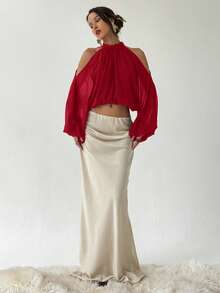 Aloruh 女士纯色立领露肩长袖短款时尚性感吊带上衣 - 紅色 - 查看 5