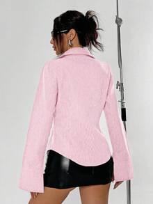 Flirla Bluză de damă cu mânecă lungă și dungi, casual, cu nasturi, cămașă de afaceri - Baby Pink - Vizualizare 2