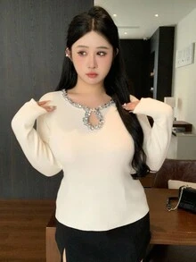 Dazy Plus 大码女式水钻装饰领口泪珠修身派对长袖毛衣，秋冬款 - 杏色 - 查看 5