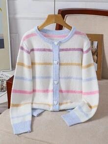 秋冬款青少年女孩休闲多巴胺条纹纽扣开衫 - 彩色 - 查看 1