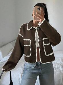 SHEIN EZwear 女士休闲巧克力棕色撞色短款外套，秋冬季 - 巧克力棕 - 查看 4
