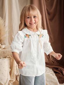 Loomiva Young Girl Floral Print Round Neck 3/4 Sleeve Open Front Blouse, Versatile & Comfortable Fall Winter - White - View 4