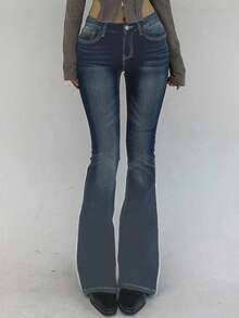 DAZY 时尚百搭修身低腰喇叭洗水牛仔裤 - 藏蓝色 - 查看 6