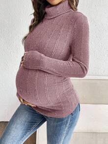 SHEIN 孕妇休闲罗纹高领长袖修身T恤，秋冬款 - 粉色 - 查看 6