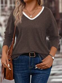 EMERY ROSE Women's Casual Contrast Color V-Neck Basic Long Sleeve Plus Size T-Shirt