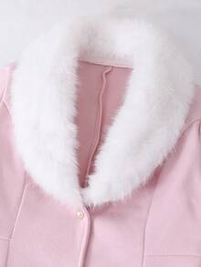 SHEIN 一件粉色少女外套，修身中长款，带毛领，适合秋冬季穿搭。