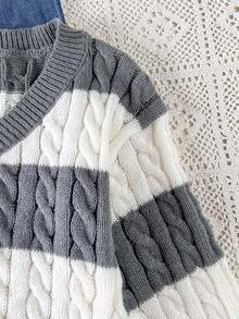 SHEIN Explorewe Áo len chui đầu cổ chữ V tay đèn lồng họa tiết sọc khối màu cỡ lớn cho bé gái, thích hợp cho các buổi đi chơi mùa thu/đông - Xám - Xem 5