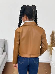 SHEIN 秋冬款青少年女孩休闲酷炫纯色机车PU皮夹克 - 鏽棕色 - 查看 2