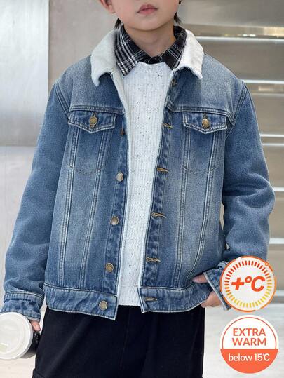 SHEIN 适合青少年男孩的时尚休闲 Y2K 复古酷炫街头返校季学院风基础款简约秋冬蓝色牛仔抓绒内衬保暖翻领长袖外套，柔软舒适，适合青少年男孩日常穿着，也适合儿童秋冬季派对、节日和街头服饰以及校园穿着。