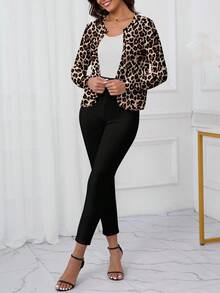 SHEIN Clasi Black Jacket + Leopard Print Pants, Casual Minimalist 2 Pieces Set For Women, Suitable For Autumn/Winter