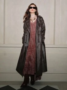 SHEIN Unity 做旧复古长款 PU 皮革风衣，适合秋季、夏季、优雅、别致、新年、休闲、圣诞节 - 棕色 - 查看 7