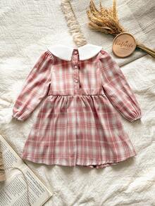 Vintaside Kids Váy dài tay kẻ caro cổ Peter Pan thêu cho bé gái mùa thu dễ thương, cổ điển, phong cách trường học, thích hợp cho các buổi đi chơi và trở lại trường - Nhiều màu - Xem 2