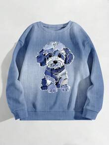 Plus Size Women Graphic Dog Print Textured Crew Neck Long Sleeve Casual Sweatshirt, Suitable For Outdoor Wear - Multicolor - View 4