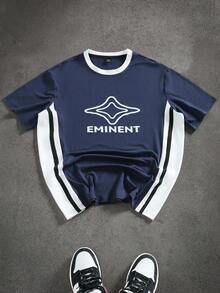 Manfinity Roghcode Men's Casual Colorblock Letter Graphic Round Neck Short Sleeve T-Shirt, Summer - Blue and White - View 1