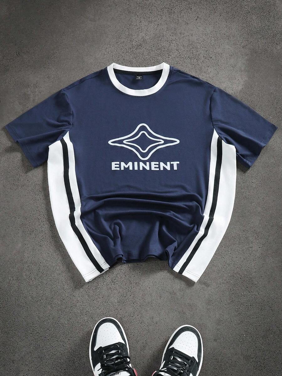 Manfinity Roghcode Men's Casual Colorblock Letter Graphic Round Neck Short Sleeve T-Shirt, Summer - Blue and White - View 1