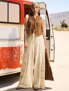 Easelle Quần nữ ống rộng màu trơn kiểu Bohemian cổ điển phối ren tương phản, quần áo mùa hè cho nữ, quần xếp ly, quần ren, quần màu kem, quần ống rộng viền ren. - Màu be - Xem 6