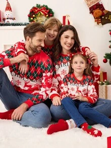 SHEIN Sudadera de cuello redondo de manga larga con estampado alegre de renos rojos de Navidad para niñas - Rojo - Ver 1