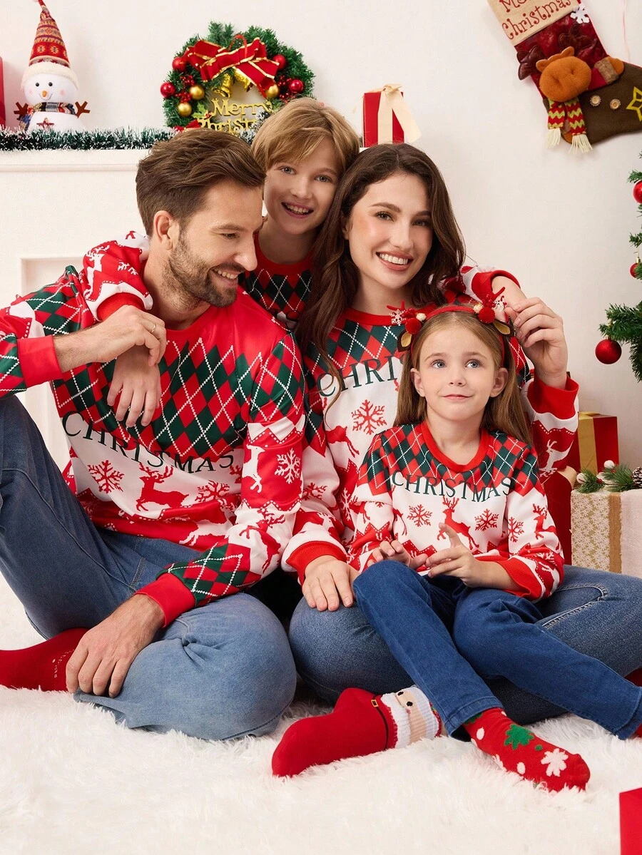 SHEIN Sudadera de cuello redondo de manga larga con estampado alegre de renos rojos de Navidad para niñas - Rojo - Ver 1