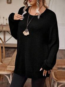 EMERY ROSE Plus Size Women Solid Color Round Neck Drop Shoulder Long Sleeve Casual Loose Pullover Sweater, Autumn - Black - View 5