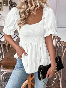 SHEIN LUNE 女式泡泡袖上衣，配收腰荷叶边上衣 - 白色 - 查看 5