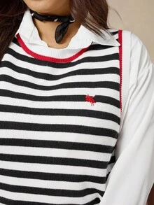 Comfylo 大码休闲撞色条纹针织背心，适合秋季、冬季、万圣节、圣诞节等各种场合，也适合日常休闲、商务休闲、教师等场合穿着。 - 黑與白 - 查看 12
