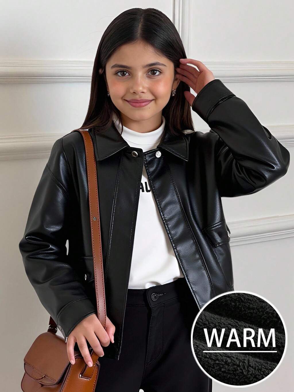 Tween Girl Solid Color Collar PU Leather Zip-Up Jacket,In Fall/Winter