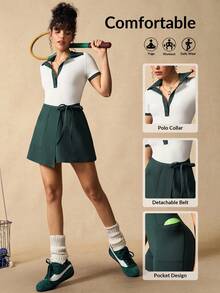 VARSIVA Trainingsanzug-Set für Frauen, Kontrast-Farbiges Polokragen Kurzarm Jumpsuit und Mini-Rock Sport-Set - Verschiedenfarbig - Übersicht 2