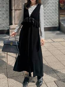 FRIFUL Women's Solid Color Ruffle Trim Deep V-Neck Dress, Autumn Dress - Black - View 4