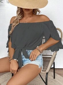 EMERY ROSE Camisa corta de mujer talla grande de unicolor con hombros descubiertos y lazo delantero, para verano - Gris - Ver 4