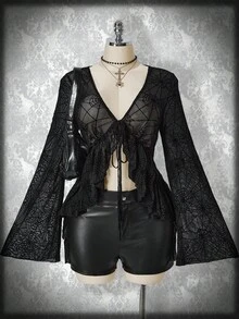 SHEIN ICON 加大码复古 Y2K 植绒蜘蛛网前系带针织上衣，喇叭袖透明网眼植绒衬衫，万圣节服装，蜘蛛 - 黑色 - 查看 1