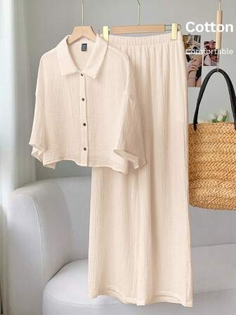 Comfortcana Vävd linnefärgad skjorta och byxor för kvinnor, casual kostym