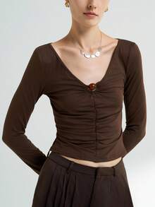 Airaco Áo thun dài tay màu nâu đính ngọc trai cho nữ - Cà phê nâu - Xem 1