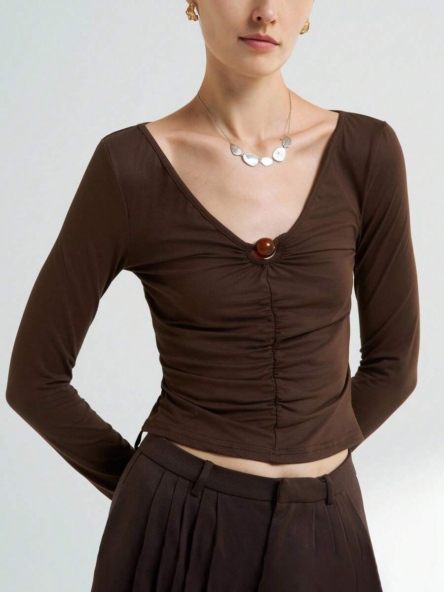 Airaco Áo thun dài tay màu nâu đính ngọc trai cho nữ - Cà phê nâu - Xem 1