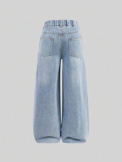 Girlism Quần jeans ống rộng dáng suông, cạp cao, thắt nơ, có túi, màu xanh nhạt, phong cách Y2K cho bé gái, thích hợp mặc đi học, về nhà và dự tiệc mùa thu đông, quần streetwear vintage, thoải mái và đa năng, dành cho bé gái 8-12 tuổi, phù hợp đi học, ở nhà và đi du lịch.