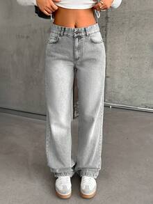 EURMUSE WOMEN STRAIGHT LOW WAIST JEANS - Grey - View 7