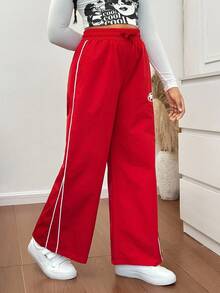 SHEIN Tween Girls' Casual Fashionable Street Style Side White Contrast Stitching Front Center Print Black Sports Pants Fall Winter - Red - View 4