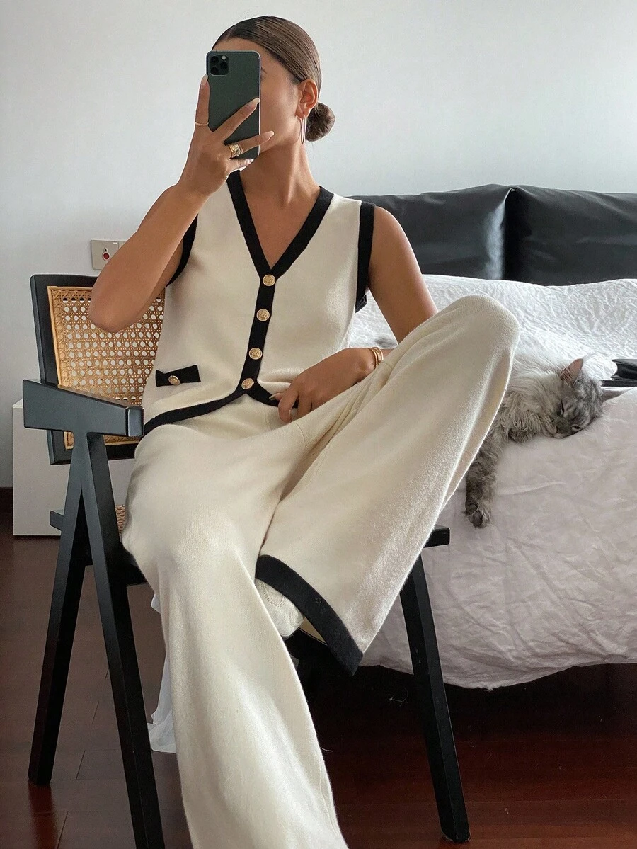 DAZY 女士休闲撞色无袖上衣和裤子两件套针织毛衣套装,秋季 - 米色 - 查看 1
