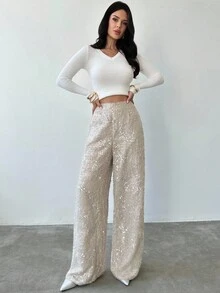 Firerie 女士时尚通勤亮片阔腿裤 - 棕色 - 查看 6