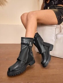 战斗踝靴厚底厚底侧拉链亮片前卫骑行风格冬秋时尚个性靴子带水钻绑带细节 - 黑色 - 查看 3