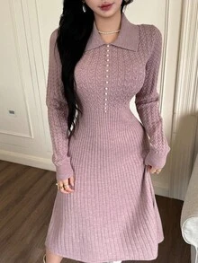 Feyla 女式纯色修身长袖休闲针织毛衣裙，百搭优雅的秋冬女装 - 粉色 - 查看 2