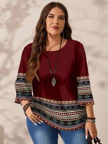 EMERY ROSE Plus Size Women Striped Ruffle Loose Allover Print Round Neck 3/4 Sleeve Blouse Fall Clothes Chic Blouses For Women,Spring/Summer/Vacation - Multicolor - View 4