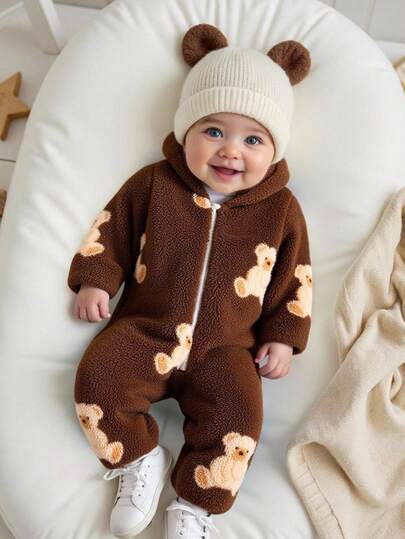 Vintaside Kids Infant Boys' Cute Bear Fleece Print Long Sleeve Hooded Jumpsuit, Soft & Comfortable For Lounging & Casual Wear, Autumn/Winter Fall