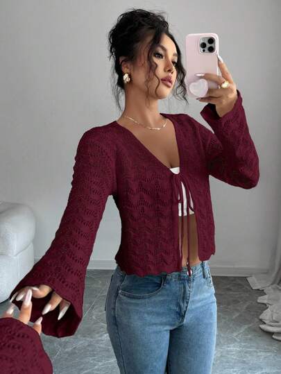 Elenzga Women's Elegant Lace-Up Hollow Out Long Sleeve Knitted Cardigan