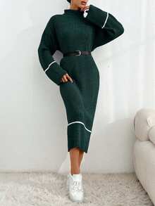 SHEIN Cottnline Turtleneck Ribbed Colorblock Casual Long Sleeve Women Sweater Dress - Dark Green - View 6