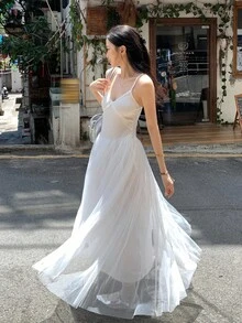 DAZY Women's Mesh Patchwork Spaghetti Strap Mid-Length Dress, Korean Style Summer Women Dresses Sundress - White - View 6