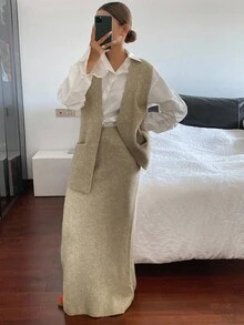 Livesso Bộ 2 món áo không tay cổ chữ V và chân váy rộng rãi cho nữ - Màu Khaki - Xem 5